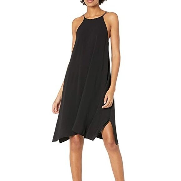 HALSTON HERITAGE High Neck Flowy Cami Silk Dress Black Back Logo - Picture 1 of 13